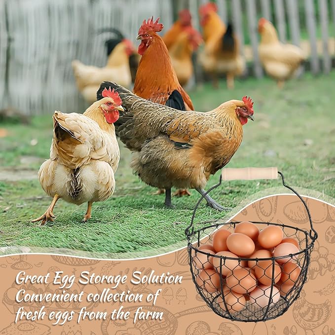 Egg Basket With Handle,Wire Egg Basket for Gathering Fresh Eggs, Round Egg Collecting Basket for Farm,Vintage Style Chicken and Duck Eggs Basket Egg Countertop Storage Container Holder ﻿