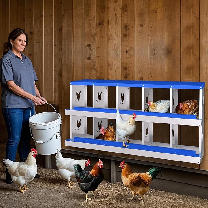 10 Compartment Chicken Nesting Box, Wall Mount Hen Laying Boxes with Removable Trays, 10-Hole Galvanized Steel Metal Hanging Poultry Nest for Backyard, Farms, and Chicken Coop, Egg Collection