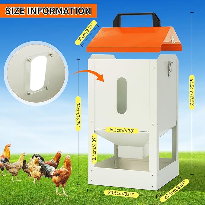 Galvanized Wall Mount Chicken Feeder No Waste Hanging Chicken Feeder with Lid Metal Automatic Poultry Feeder Trough Food Dispenser No Spill Mess Free for Chicken Duck Quail Geese Turkey