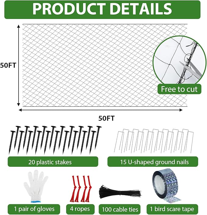 Unves 50 x 50 Ft Bird Netting, 2.4" Square Mesh Bird Net for Chicken Coop, Nylon Heavy Duty Poultry Netting Garden Protection for Chicken Run, Protect Plants Fruit Trees from Deer and Animals