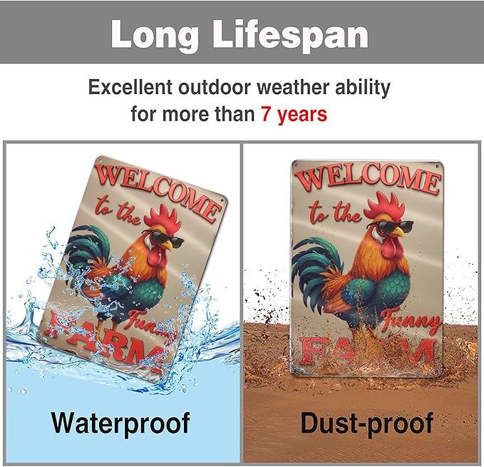 Welcome to The Funny Farm Aluminum Sign Humorous Chicken Coop Sign Rustic Farmhouse Welcome Sign for Backyard Flock 8x12 Inches Outdoor Metal Decor Style-04