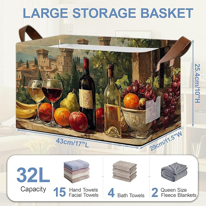 Vintage Red Wine Storage Baskets,Butterfly Plants Foldable Large Capacity Organizer Bins with Waterproof Lining and Leather Handles for Closet,Shelf,Bedroom 17x11.5x10Inch
