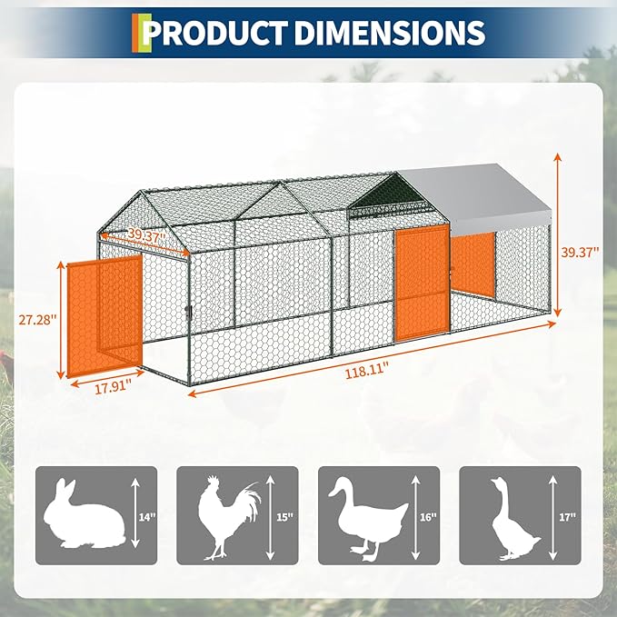 Metal Chicken Coop, 120" x40" x40" Large Chicken Run with 3 Doors, Outdoor Hen House for Yard with Waterproof and Anti-UV Cover, Walk in Poultry Cage for Rabbit Duck Goose, Silver
