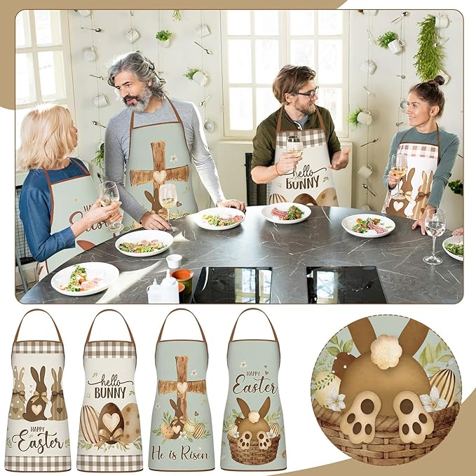 4 Pack 23x30 Inch Easter Bunny Eggs Aprons Buffalo Plaid Aprons Vintage Chef Bib Adjustable Washable Kitchen Aprons(Classic Style)