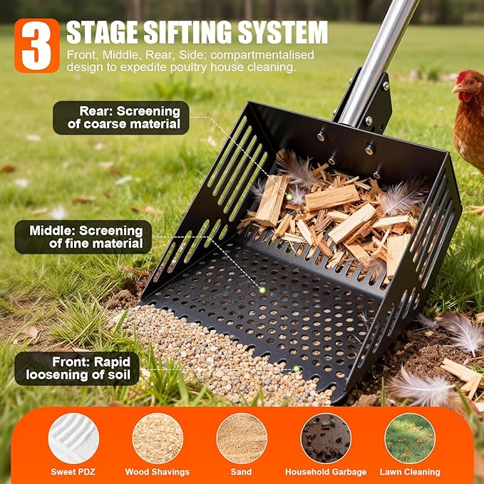Chicken Poop Scooper,15-INCH Adjustable Angle Chicken Coop Scoop,3-in-1 Sand Rake with Stainless Steel Handle(36"-65"),Chicken Coop Accessories Cleaning Tool for Farm Animals