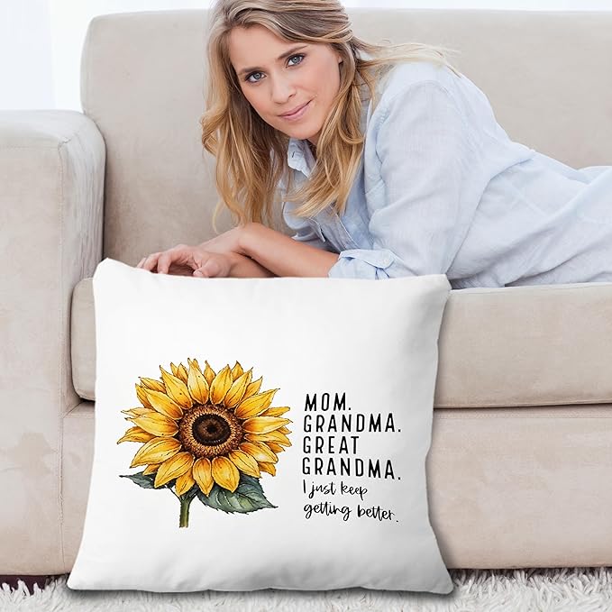 Mom Grandma Great Grandma Gifts Pillow Covers 18x18, Best Great Grandmother Gifts for Mother's Day, GG Baby Announcement Floral Throw Pillow Covers for Home Bedroom Living Room