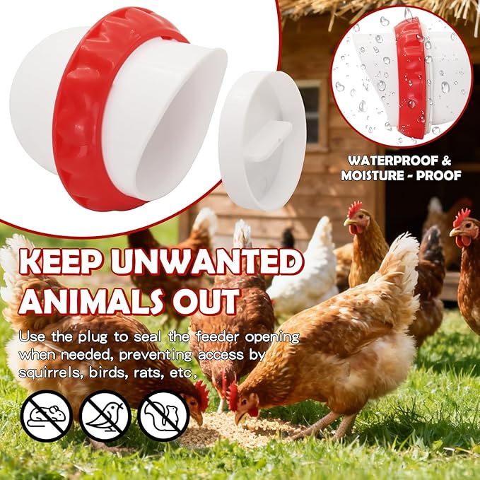Chicken Feeders No Waste, DIY Automatic Poultry Feeder 8 Ports 1 Hole Saw with Covers Gravity Feed Kit for Buckets Barrels Bins Troughs（Red and White）