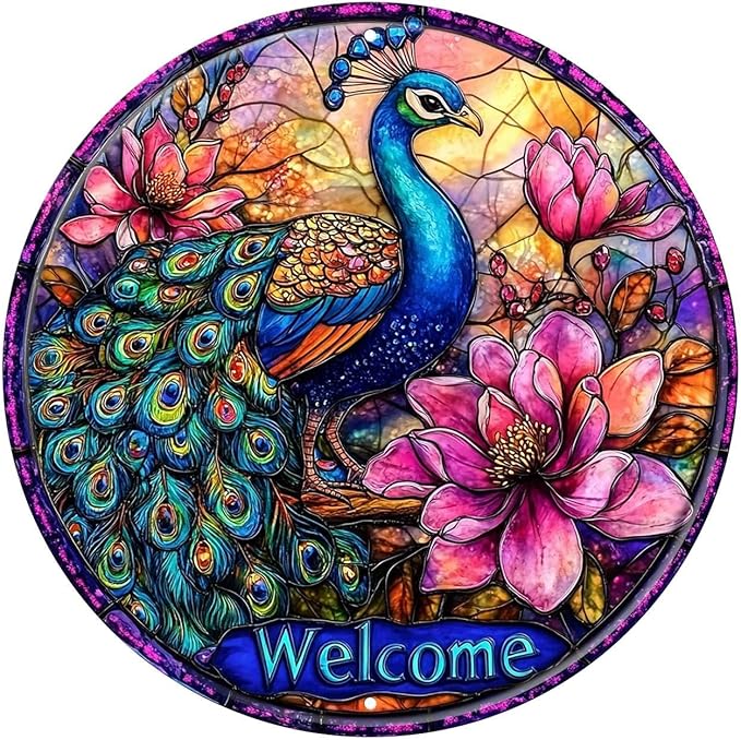 Peacock Round Metal Tin Sign Wreath Welcome Wreath Vintage Wall Art Decor for Home Garden Bar Decor 8x8inch
