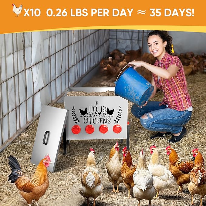 95 lb Chicken Feeder with 10 No-Waste Ports – Extra-Large Galvanized Metal Poultry Feeder with Adjustable Height Heavy-Duty Stand – Outdoor Feed Box for Chickens, Ducks & Geese
