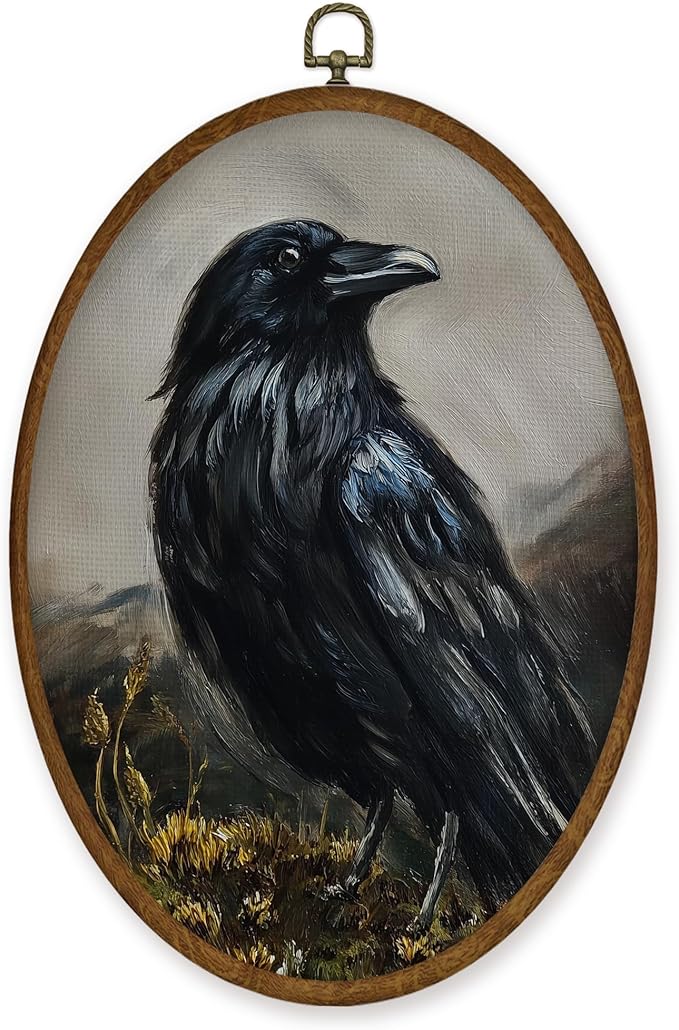 WULQYING Vintage Halloween Crow Wall Art Decor, Gothic Moody Bird Oval Framed Canvas Art Prints, Dark Academia Cottagecore Raven Wall Hanging Decor for Home Bedroom Living Room, 8.6x11.4 Inches