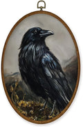 WULQYING Vintage Halloween Crow Wall Art Decor, Gothic Moody Bird Oval Framed Canvas Art Prints, Dark Academia Cottagecore Raven Wall Hanging Decor for Home Bedroom Living Room, 8.6x11.4 Inches