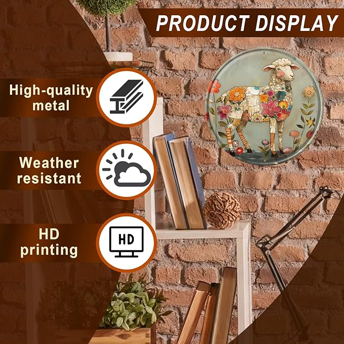 Sheep Round Metal Tin Sign Wreath Farm Flowers Rustic Vintage Wall Art Decor for Garden Farmhouse Front Door Porch Entryway Outdoor Wall Art Decor 8x8inch