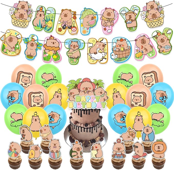 Cartoon Happy Birthday Banner Balloons Cupcake Toppers Birthday Decorations for Capybara Theme Party Decor Supplies