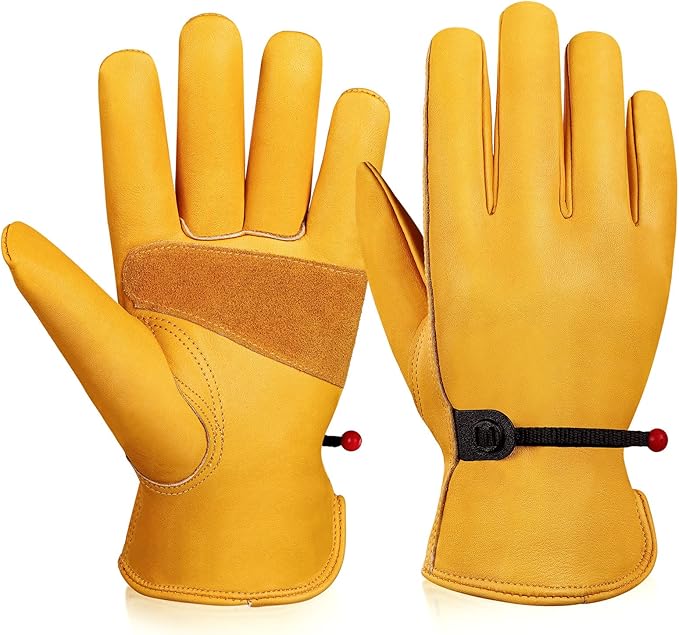 OZERO Leather Work Gloves for Men: Medium 1 Pair Cowhide Working Gloves for Driving Heavy Duty Mechanic Ranch - Women Gardening Glove