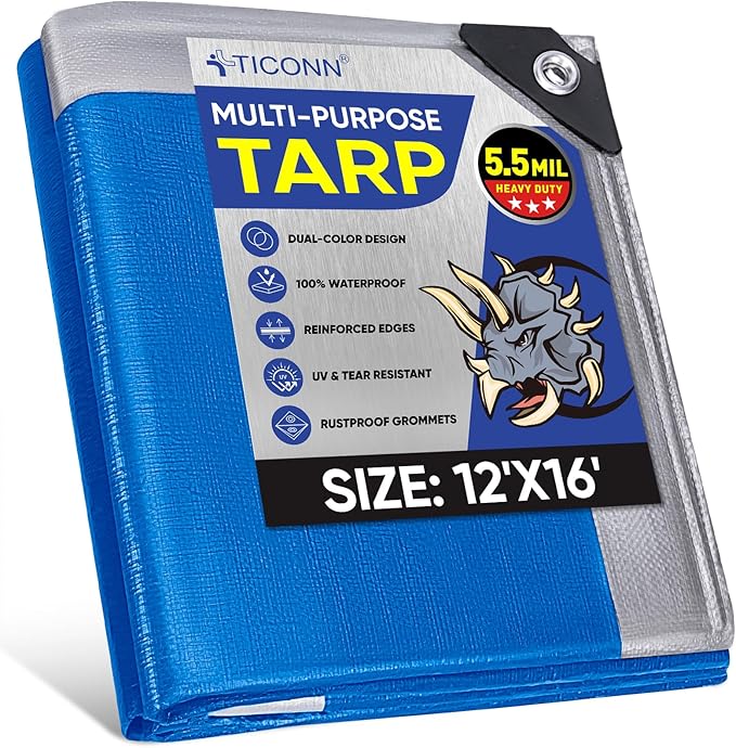 TICONN Heavy Duty Tarp Cover, Extra Thick Tarps Waterproof Tear and Rip Proof UV Resistant Tarpaulin with Reinforced Grommets and Edges (5.5 Mil, 12'x16')
