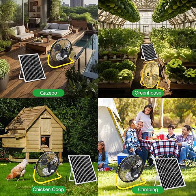 16" Large Solar Rechargeable Floor Fan for Home Outdoor Camping Gazebo Greenhouse Barn Poultry Pet House Cooling or Air Circulation