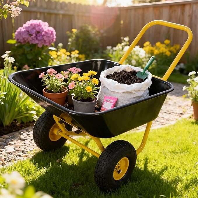 Dual Wheel Garden Wheelbarrow,Heavy Duty Yard Cart with 10“/15" Pneumatic Tires, Rustproof Poly Tray & Steel Handle, 300 lbs Capacity Utility Cart for Lawn, Farm, and Landscaping (Yellow+Black-10“)