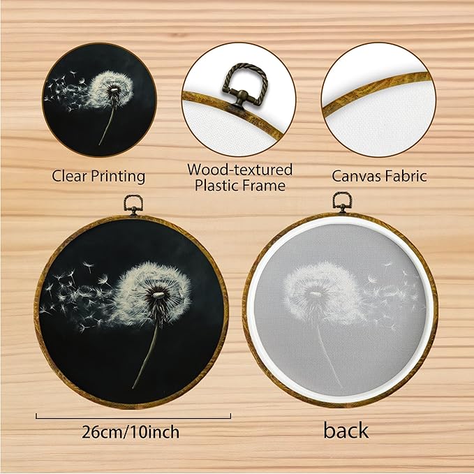 Hiuwevt Dandelion Round Wall Art Decor, White Flower Modern Rustic Framed Canvas Prints, Dandelion Farmhouse Wildflower Round Wall Hanging Decor for Bedroom Home Decorations, 10x10 Inches