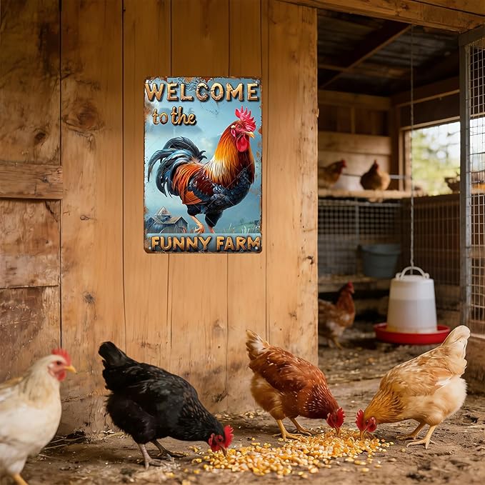 Funny Rooster Sign Welcome To The Funny Farm Rustic Tin Sign for Home Farm Chicken Coop Decor 16x12 Inch