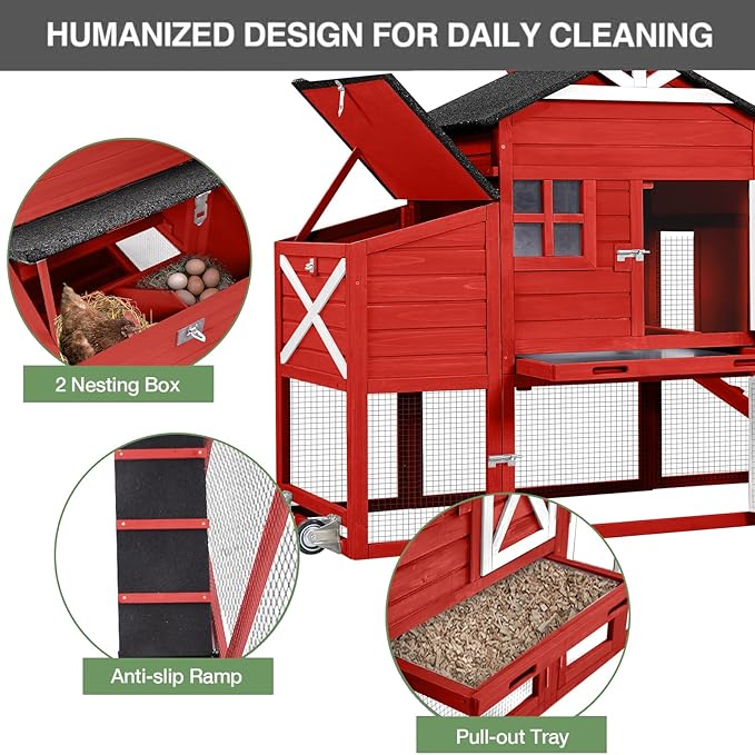 Outdoor Chicken Coop with Run, 2-Story Wooden Hen House with Wheels, Waterproof Roof & Pull-Out Tray for 2-4 Chickens (Red)