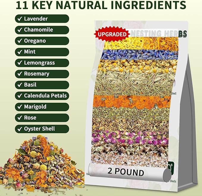 Chicken Nesting Herbs 32 oz – 11 Natural Dried Herb Blend with Marigold for Chicken Coop & Roost Refresh, Nesting Box & Dust Bath, Supports Natural Nesting Behavior
