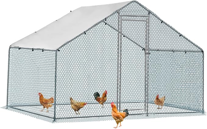 Outvita Chicken Coop, 6.5 x 10 FT Large Metal Chicken House, Poultry Habitat Cage with Waterproof Cover, Walk-in Chicken Run Pen for Small Animals, Yard, Farm, Patio