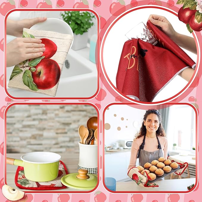 10 Pcs Apple Farmhouse Kitchen Decor Set Dish Towels Kitchen Rugs Oven Mitts and Pot Holders Set for Cooking Baking Grilling Women Mom Daughter Gift (Fruit Color)