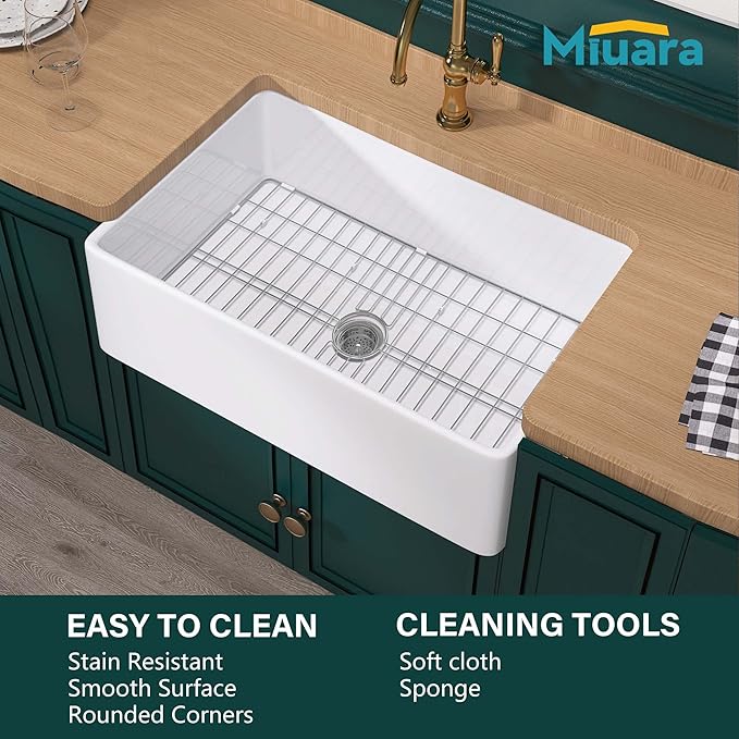 Miuara Farmhouse Sink 30 Inch - White Apron Front Undermount Kitchen Sink Reversible 30"x20"x10", Farm House Style Deep Single Bowl, Heavy Duty Solid Fireclay, Glossy White, for Kitchen
