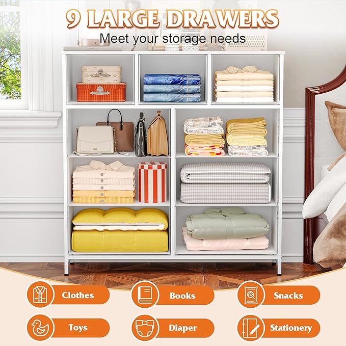 WelFurGeer 9-Drawer Dressers with Sturdy Metal Frame - Tall Chest Organizer Unit with Fabric Bins, Storage Chest of Drawers for Bedroom, Living Room, Hallway, Entryway, Closet, White