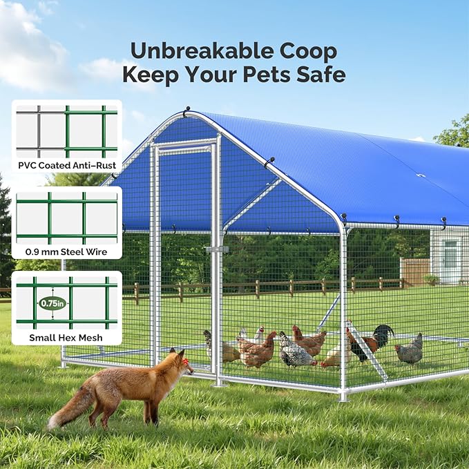 Sino Luban Metal Large Chicken Coop Run with Small Mesh Hardware Cloth for 20 Chickens/Ducks, Chicken Runs for Yard with Waterproof Cover, Chicken Enclosure Pen Outdoor, Walk-in Poultry Cage