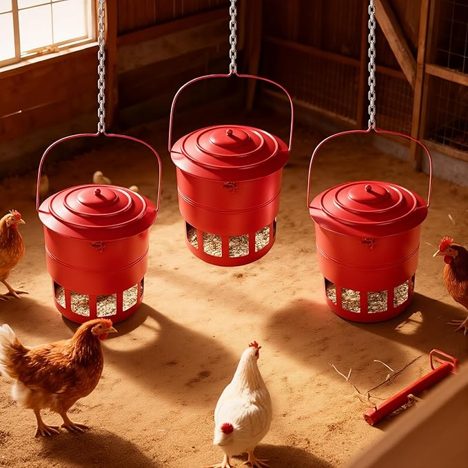 Metal Hanging Chicken Feeder No Waste, Rain-Proof Automatic Chicken Feeders, No-Spill Poultry Feeder, Rat Proof Gravity Chicken Feeder with 12 Ports for Farm & Backyard Chicken Coop