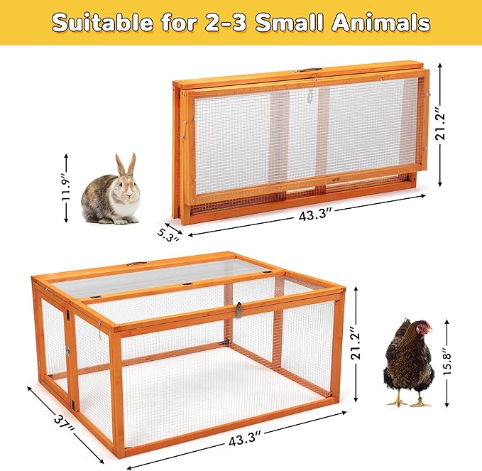 Portable Chicken Coop with UV-Proof Panel, 4X Garden Stakes, Wooden Rabbit Hutch, Chicken Brooder Box Indoor, Outdoor Folding Chicken Cage, Top & Side Openable Doors, 43.3Inch (Orange)