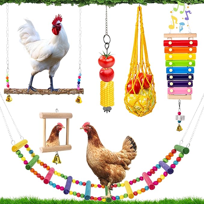 7 Pack Chicken Toys for Coop Accessories, Chicken Xylophone Toy, Chicken Mirror, Chicken Ladder Bridge, Coop Swing, Vegetable Hanging Chicken Feeder, Chewing Foraging Toys, Gifts for Hens