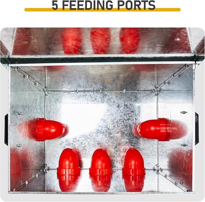 Automatic Chicken Feeder No-Waste, Metal Poultry Feeder Large Capacity for Chickens, Geese, Ducks, Turkeys, Quails (5 Ports)