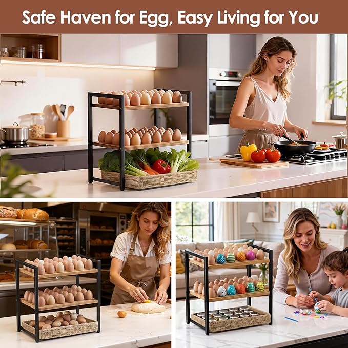 Nuovoware 3-Tier Egg Holder Countertop with Basket for 48+60 Eggs, Wooden Egg Basket with Carry Handle Gathering 100+ Fresh Quail, Duck, Turkey, Chicken Eggs, Kitchen Storage Home Farmhouse Decor