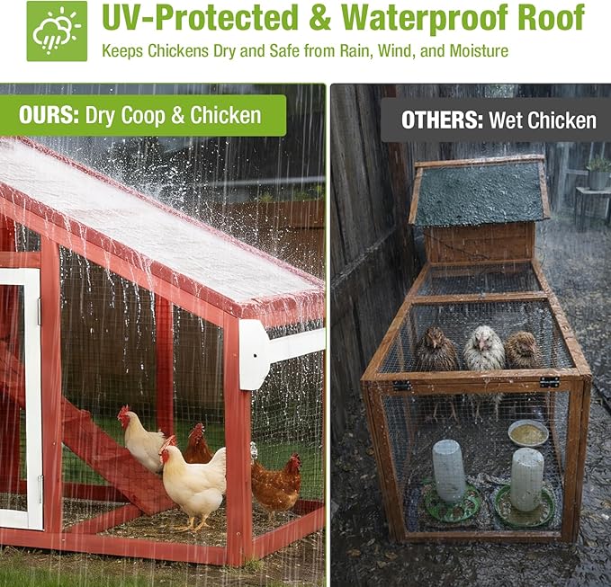 GUTINNEEN Mobile Chicken Coop for 2-4 Chickens with Wheels, Expandable Large Hen House with Run, UV-Protected Roof, Divided Nesting Boxes, Easy One-Person Move, Red
