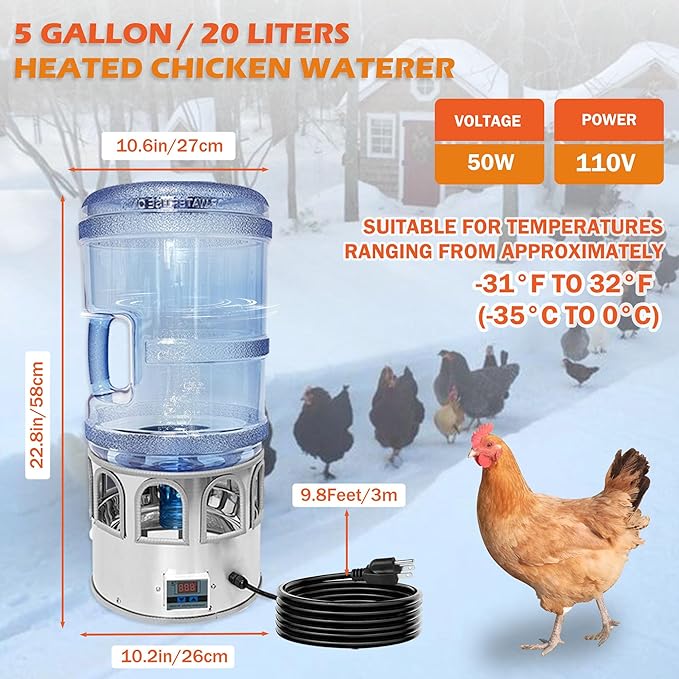 5 Gallon Heated Chicken Waterer Poultry Water Heater for Winter Stainless Steel Adjustable Temperature 8 Drinking Ports Heated Water Bowl for Chickens Ducks Geese Pigeons