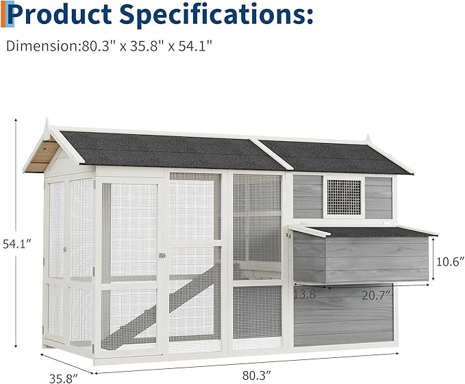 GAOMON Large Outdoor Chicken Coop for 4-6 Chickens Wooden Hen House Poultry Pet Hutch Run Cage w/Waterproof Asphalt Roof, Ramp, Nesting Box, Wire Fence, Grey (80" x 35" x 54") (Grey)