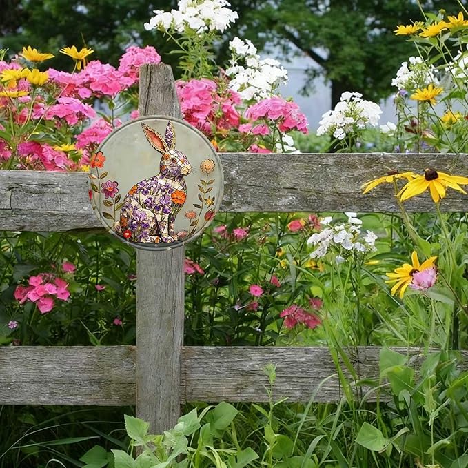 Rabbit Round Metal Tin Sign Wreath Farm Flowers Rustic Vintage Wall Art Decor for Home Garden Porch Yard Farmhouse Outdoor Decor 8x8inch