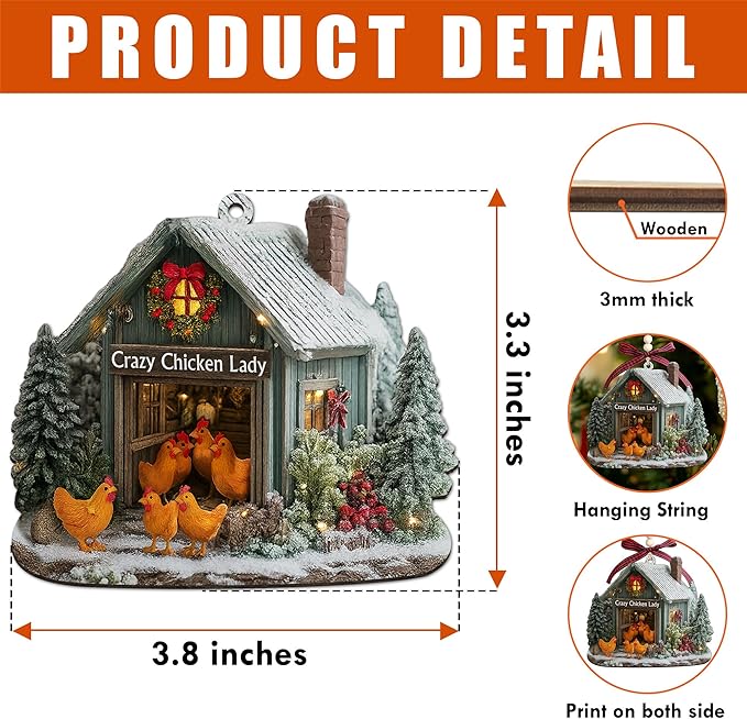 Chicken Ornaments for Christmas Tree 2025 - Farmhouse Decorations Gifts for Chicken Lovers, Farmers, Women, Men - 2D Flat Chicken House Farm Wooden Ornament