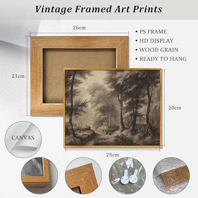 Vintage Forest Landscape Wall Art Neutral Vintage Framed Art Brown Woodland Print Abstract Forest Painting Neutral Landscape Prints Tree Sketch Botanical Poster Antique Brown Wall Art for Living Room