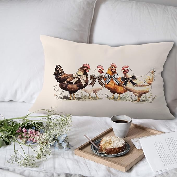 Farmhouse Chicken Lumbar Pillow Covers 12x20 Inch, Chicken Lover Gifts for Women, Farmhouse Chicken Decor