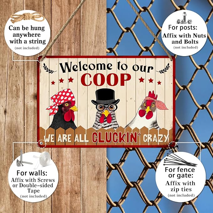 Welcome to Our Coop We Are All Cluckin’ Crazy Metal Tin Sign Funny Chicken Coop Decor Chicken Wall Art Farmhouse Farm Home Coop Entrance Wall Decor 8x12 Inch