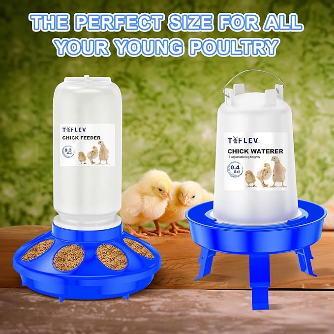 Baby Chick Feeder and Waterer Set with Adjustable Height, Anti-Drown Poultry Waterer for Raising Chicks in Brooder (0.3 Gal Chick Feeder & 0.4 Gal Chick Waterer, Blue)
