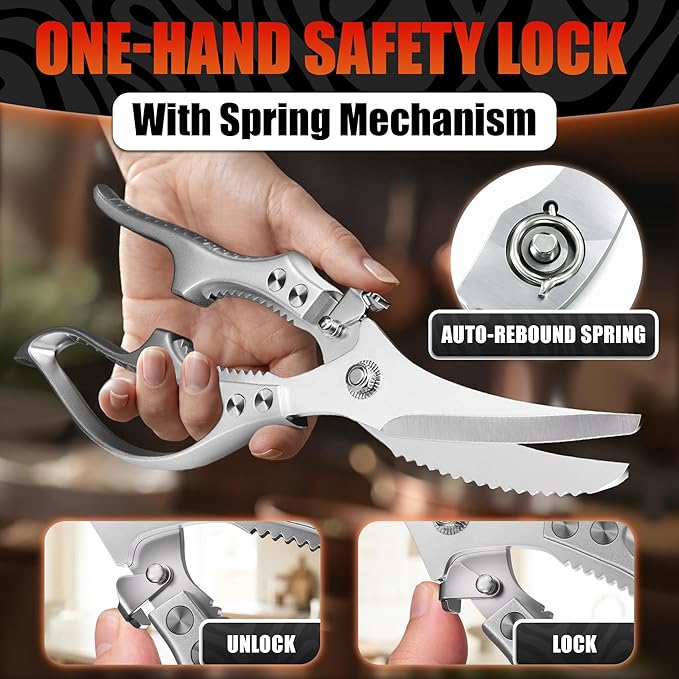 Stainless Steel Poultry Shears – Heavy Duty Kitchen Shears for Food with Hardened Blades, One-Hand Safety Lock, Spring Mechanism, Dishwasher Safe – Chicken, Meat Cutting, Turkey, Fish, and Vegetables