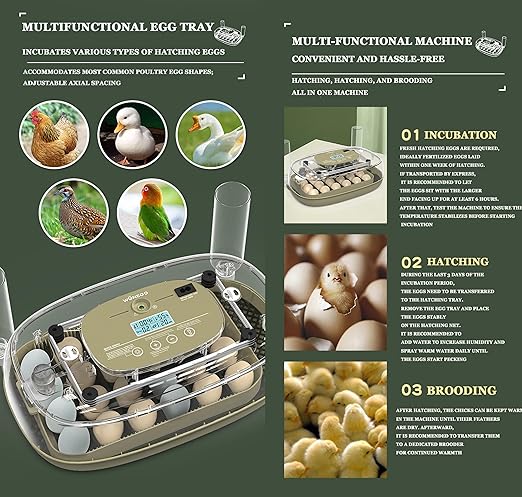 Smart Egg Incubator with Automatic Egg Turner & Built-in Candler, Stable Temperature Control, for Hatching Chicken Quail Duck Goose Eggs, 24 Eggs Capacity, External Water Refill