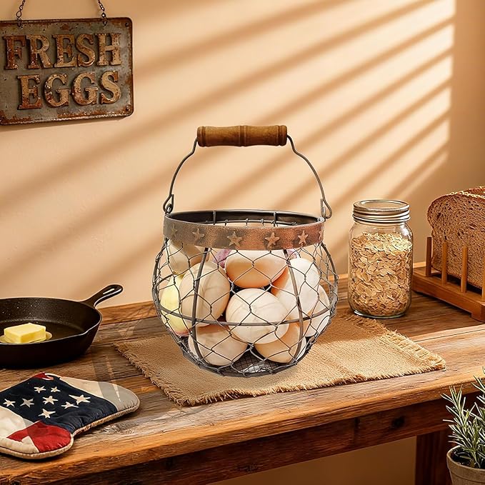 Chicken Wire Egg Basket for Gathering Fresh Eggs, Rustic Farmhouse Egg Collecting Basket with Handle Star Décor for Kitchen Storage Holder Organizer Easter Display Decoration | by TAIANLE