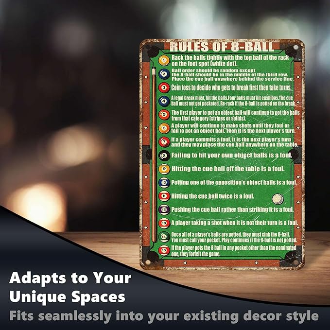Pool Table Room Decor 8 Ball Rules Sign Retro Pool Table Tin Sign Vintage Metal Poster Nostalgic Wall Art Bar Pub Man cave Shop Living Room Bathroom 16 * 12 In