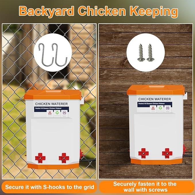 3-Gallon Heated Chicken Waterer for Winter, Chicken Water Heater with 4 No-Freeze Nipples, Easy-Fill Winter Hanging Chicken Waterer, Clean & Heated Chicken Water for Chickens, Birds