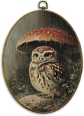 CUANFDDSF Owl Mushroom Nature Aesthetic Oval Wall Art Decor, Rustic Cottagecore Woodland Nursery Wall Hanging Decor, Dark Academia Wild Animal Framed Canvas Prints for Gallery Bedroom, 8.6x11.4 Inch